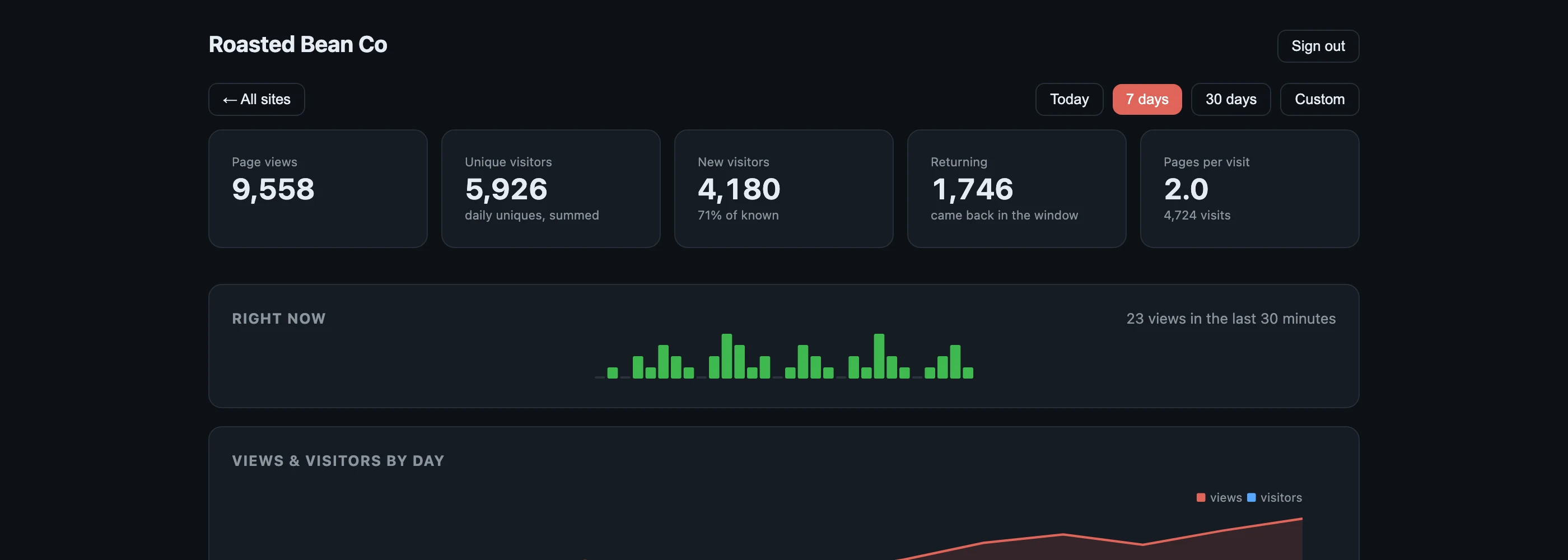 TrafficPoppy dashboard: page views, unique visitors, new vs returning, live ticker and daily trend